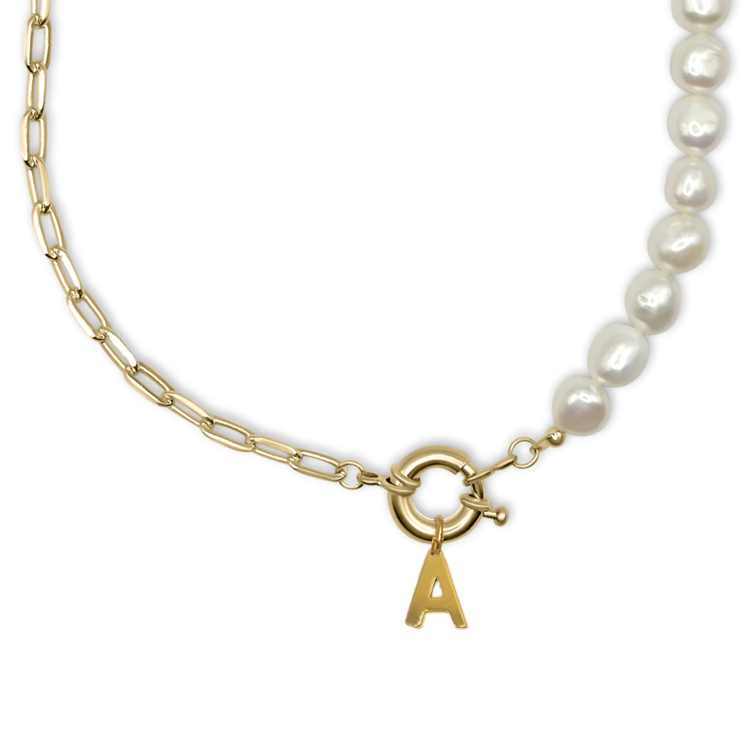 Freshwater Pearl Necklace with Paperclip Chain & Custom Initial Clasp