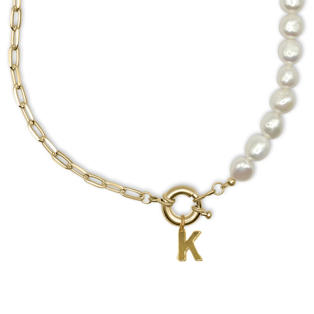 Freshwater Pearl Necklace with Paperclip Chain & Custom Initial Clasp