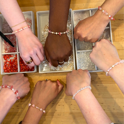 Real girls’ night bracelet-making photo with handmade faceted gemstone bracelets