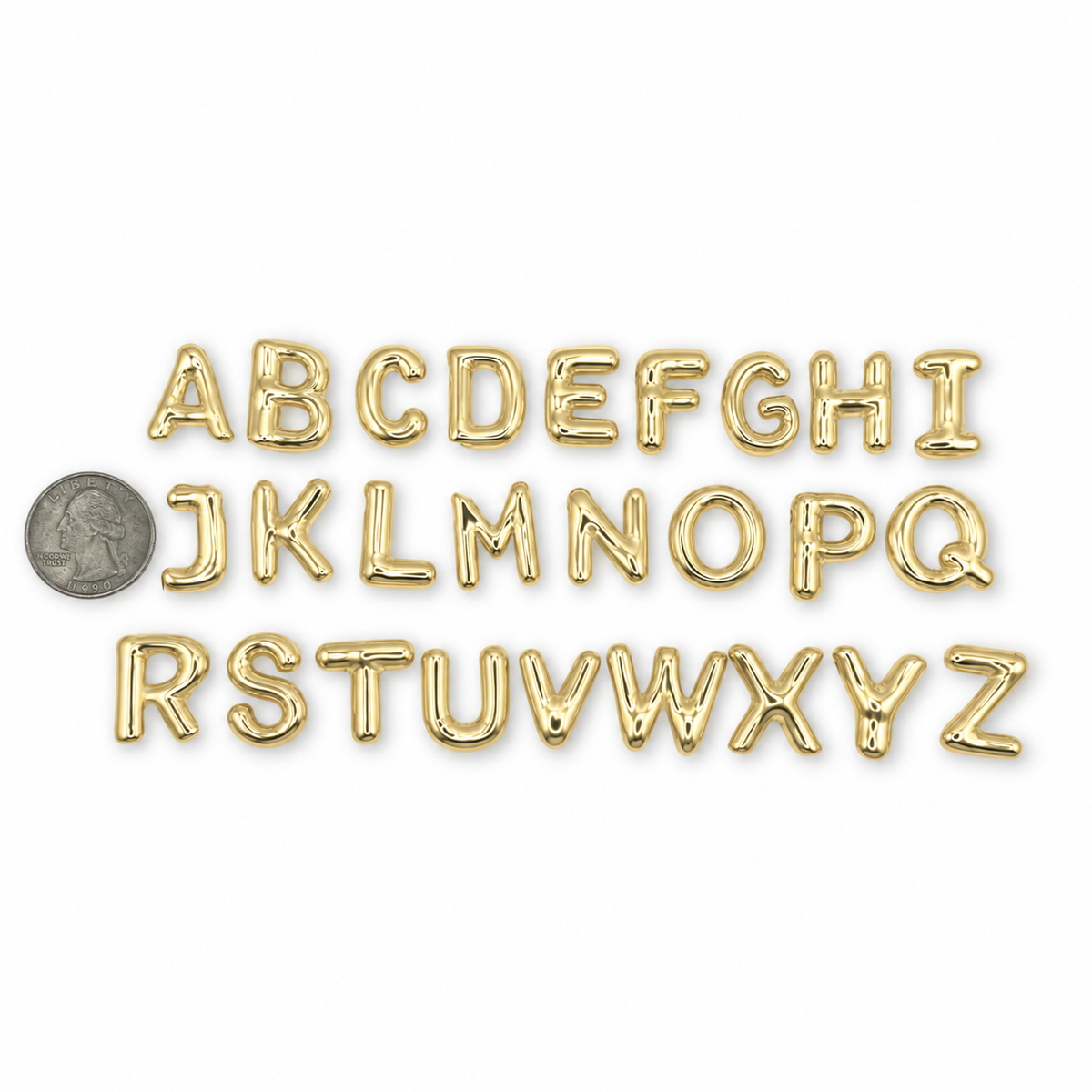 Gold bubble initial charms A through Z size reference