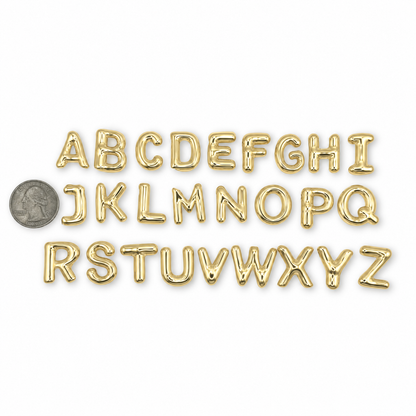Gold bubble initial charms A through Z size reference