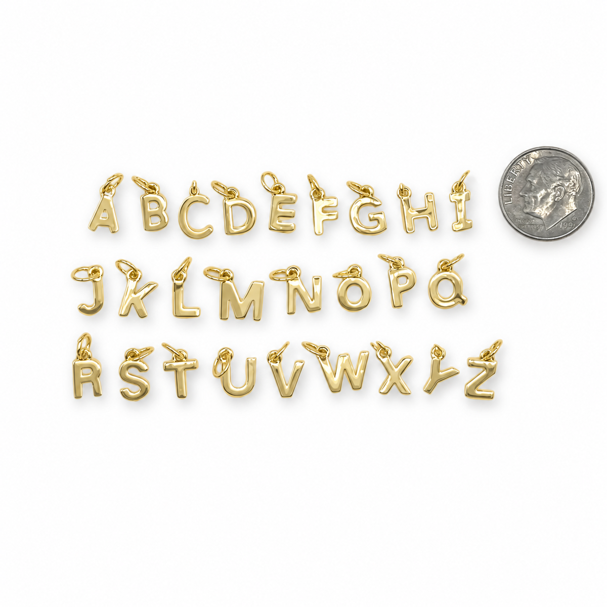 Tiny gold initial charms A through Z reference