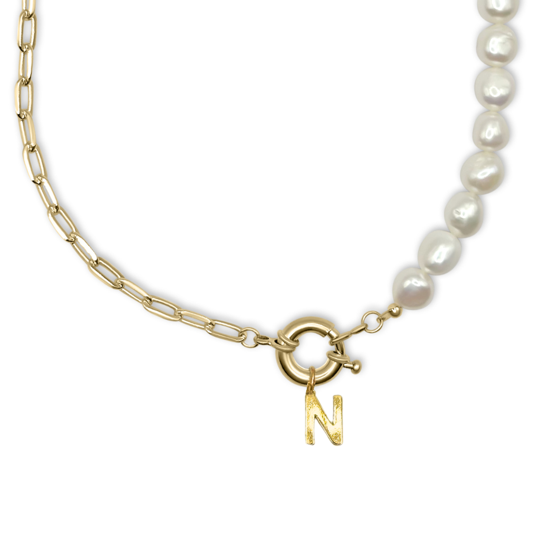 Initial Half n' Half Freshwater Pearl Necklace