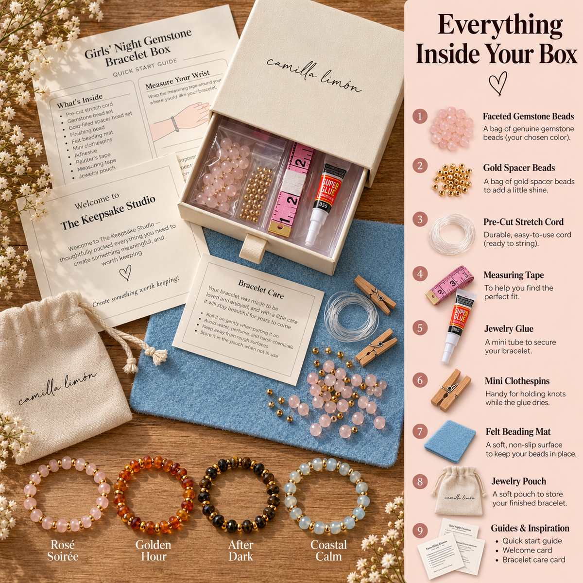 Everything inside the Camilla Limón gemstone bracelet-making kit