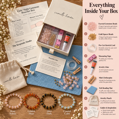 Everything inside the Camilla Limón gemstone bracelet-making kit