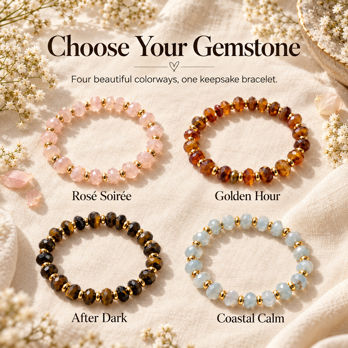 Four faceted gemstone rondelle bracelet colorways: Rosé Soirée, Golden Hour, After Dark, Coastal Calm