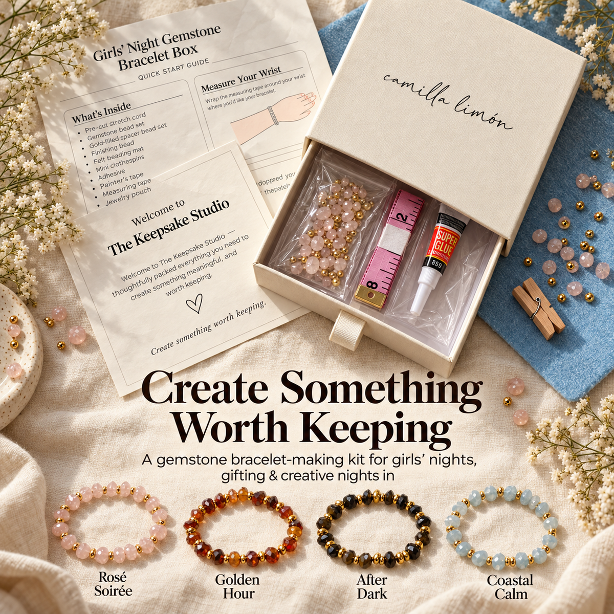 Girls’ Night Gemstone Bracelet Kit with faceted gemstone rondelles and gold-filled spacer beads